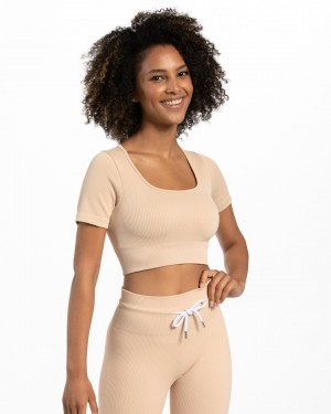 Beige Women's Teveo Ribbed Crop Tops | 9421-YFNKB