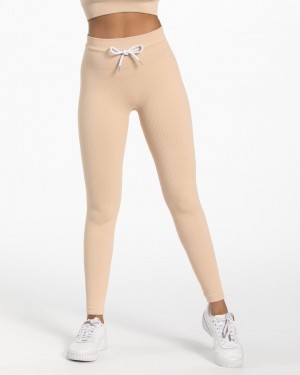 Beige Women's Teveo Ribbed Leggings | 9051-HKVQR