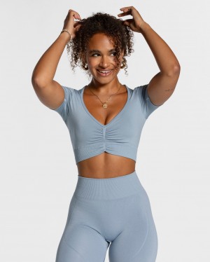 Grey Blue Women's Teveo Focus Crop Tops | 7950-ZFYDA