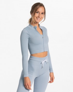 Grey Blue Women's Teveo Ribbed Zip Jackets | 4032-DOKNC