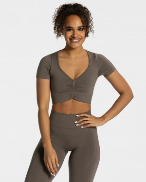 Grey Brown Women's Teveo Focus Crop Tops | 2158-LIBSR