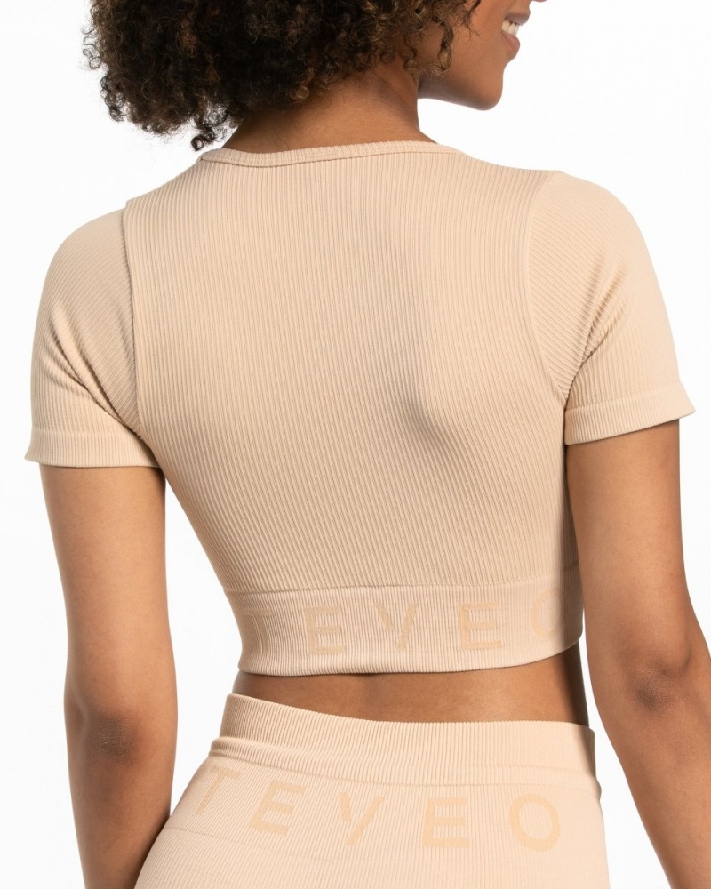 Beige Women's Teveo Ribbed Crop Tops | 9421-YFNKB