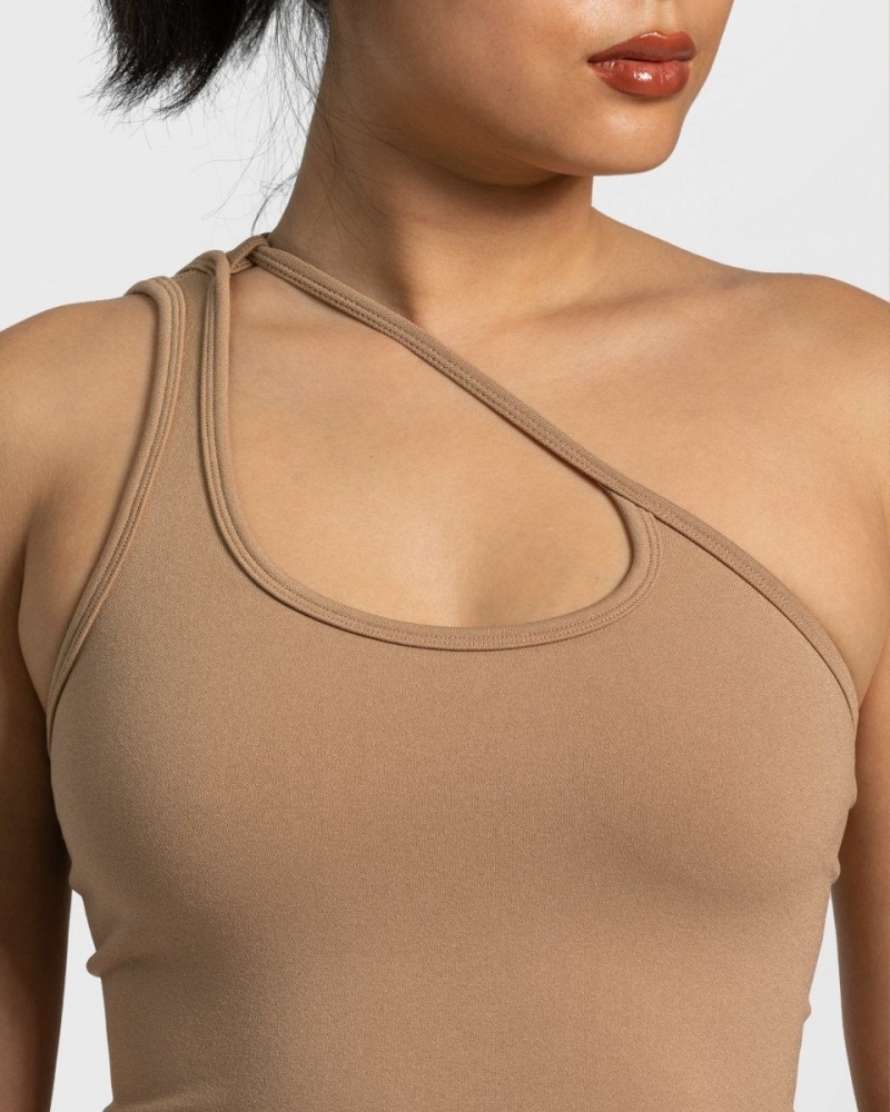 Beige Women's Teveo Sassy One Shoulder Tops | 1794-DNSJG