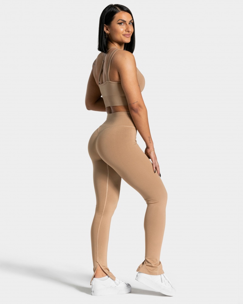 Beige Women's Teveo Sassy Slit Leggings | 3061-FTGDM