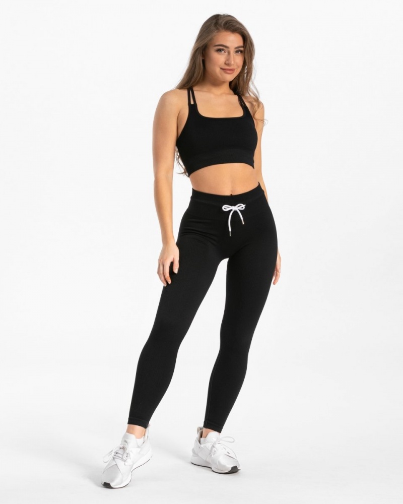 Black Women's Teveo Ribbed Leggings | 6431-DFQBN