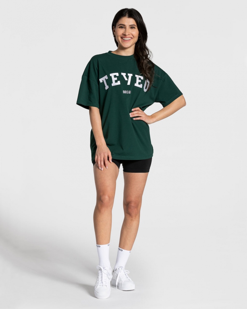 Dark Green Women's Teveo College Oversized T Shirts | 3865-JWLQH