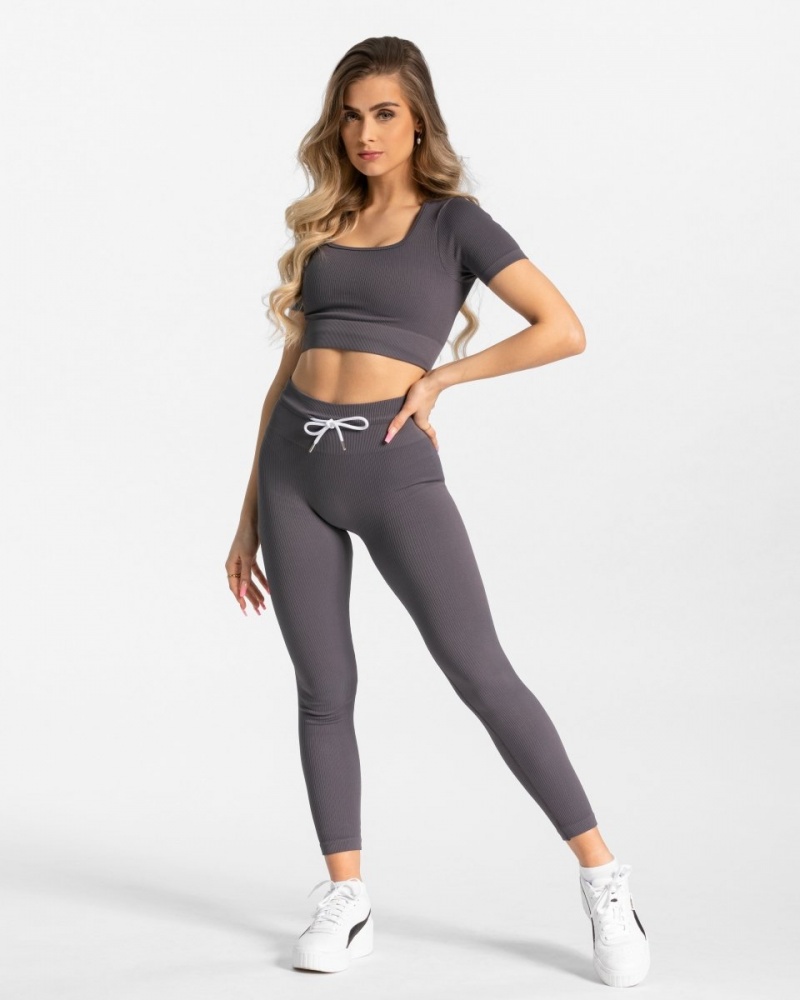 Grey Women's Teveo Ribbed Crop Tops | 6153-HCFNR